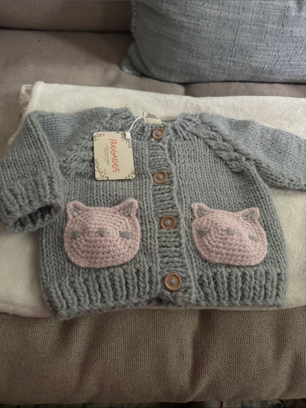Gray Knit Cardigan with Pink Cat Pockets